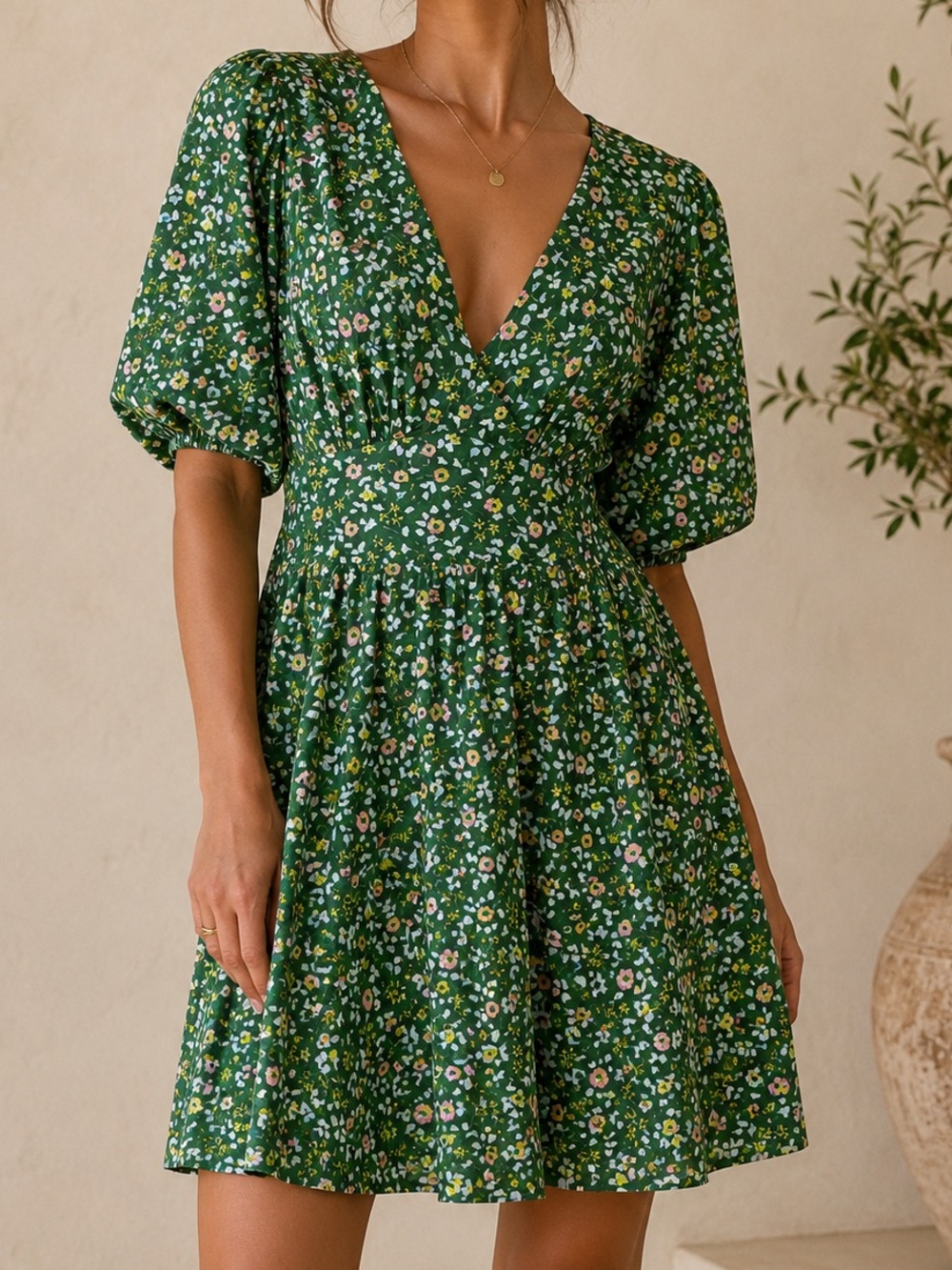 Trovata Birds Of Paradise Floral Puff Sleeve Cotton Mini Dress Green Medium NWT